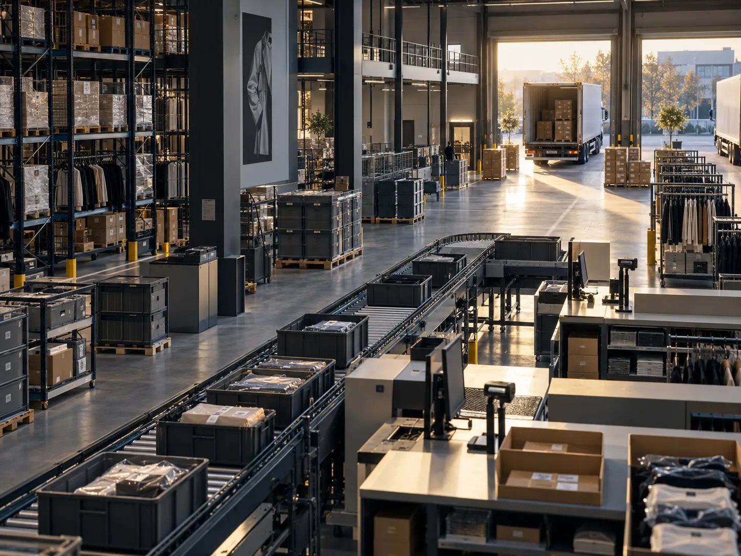 Retail-Distributionszentrum: Hochregallager, Förderstrecke mit Kommissionierbehältern, Packplätze und ein Verladetor mit Lkw